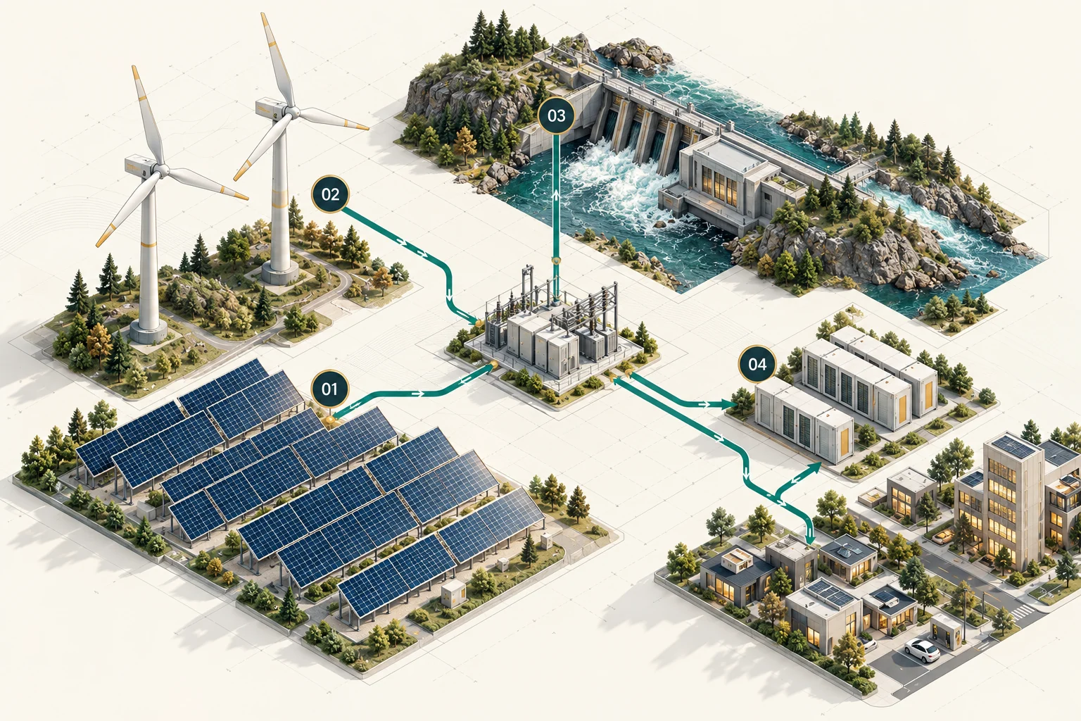 Enerji Sistemleri: Güneş enerjisi, Rüzgâr enerjisi, Hidroelektrik, Batarya depolama