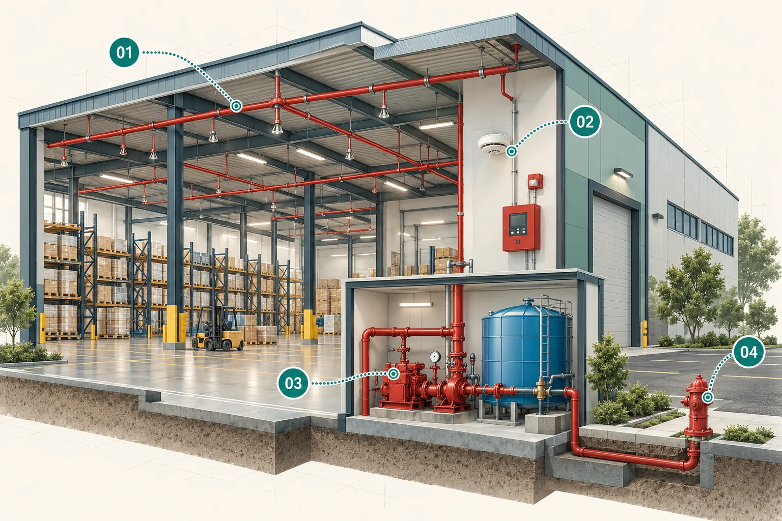 Yangın Güvenliği: Sprinkler altyapısı, Algılama ve alarm, Su deposu ve pompalar, Hidrant sistemi